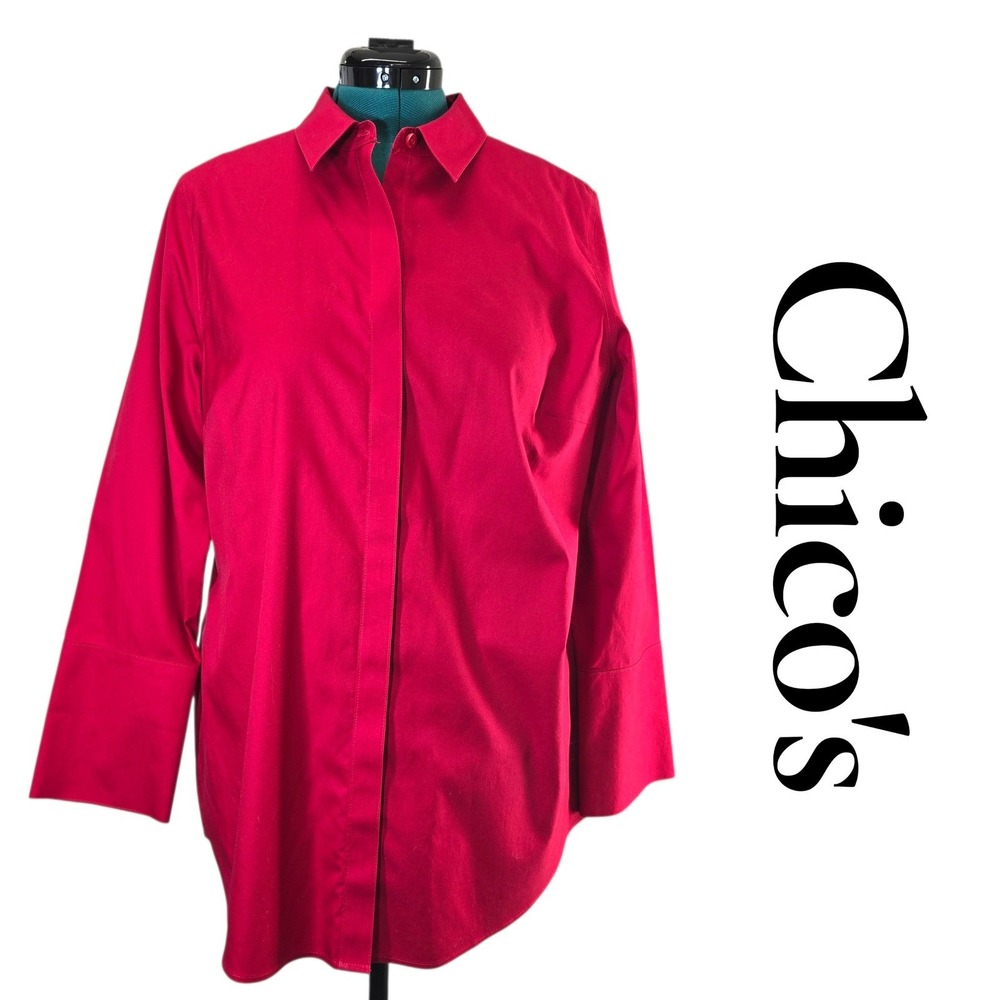 Chico's No-Iron Shirt Womens 2 Red Cotton Long Sleeve Button Down Professional